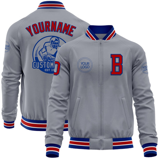 Custom Gray Red-Royal Bomber Varsity Letterman Zipper Jacket - Main View