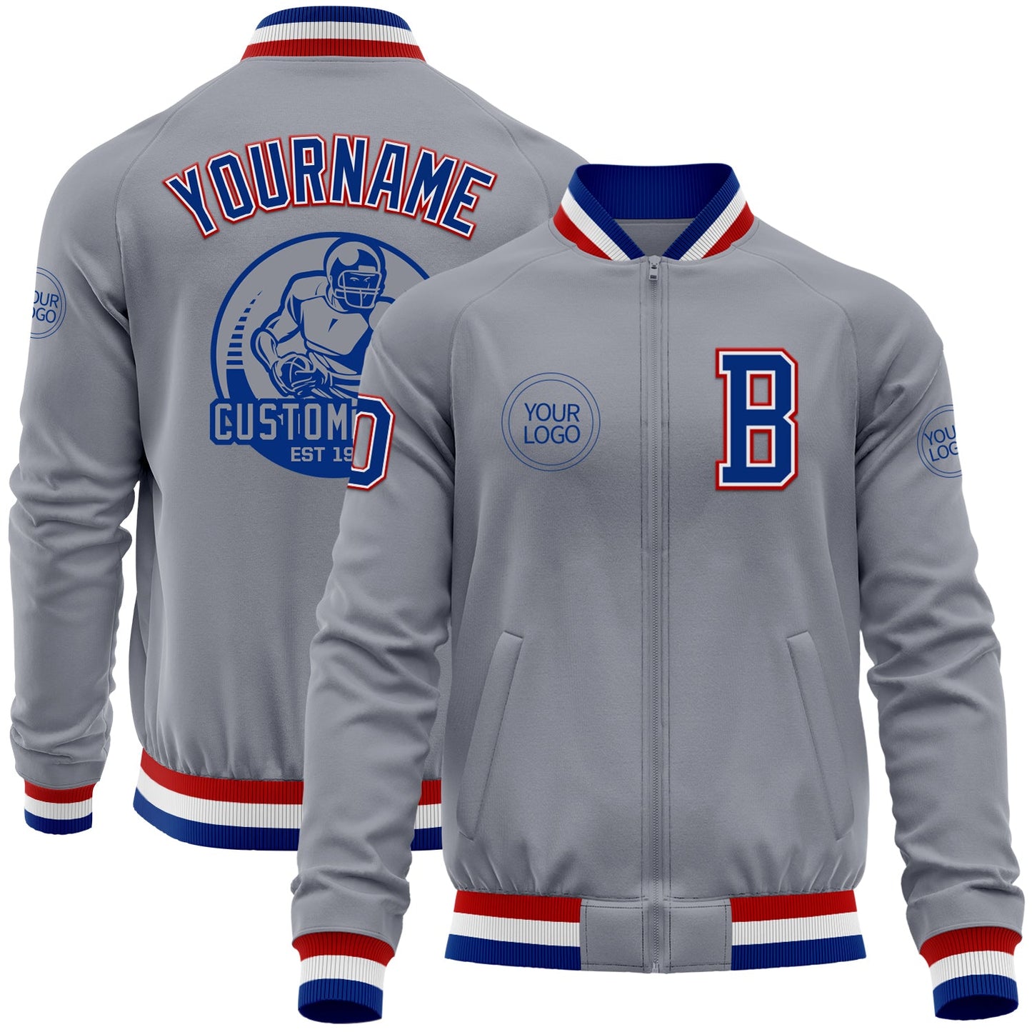 Custom Gray Royal-Red Bomber Varsity Letterman Zipper Jacket - Main View