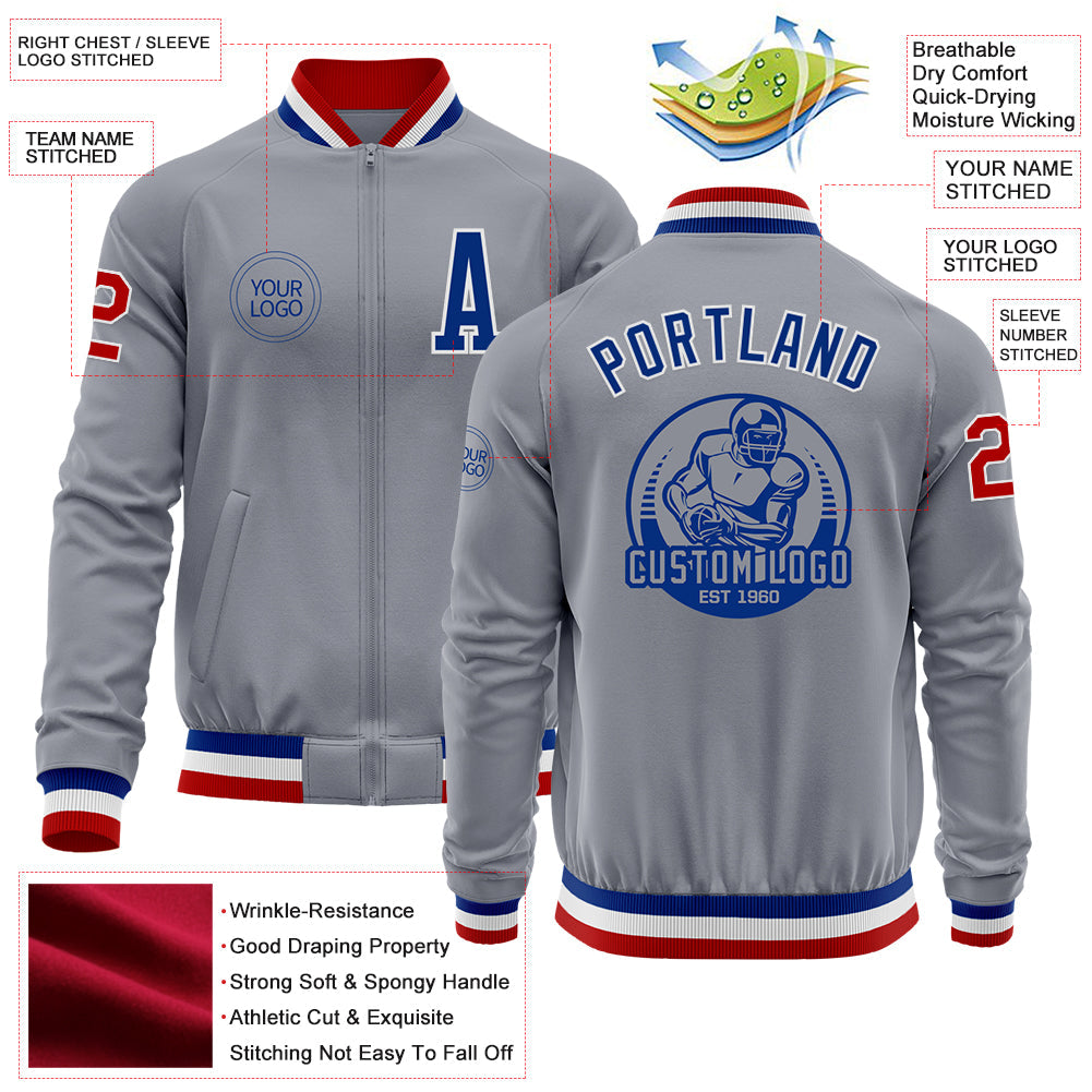 Custom Gray Red-Royal Bomber Varsity Letterman Zipper Jacket view 4