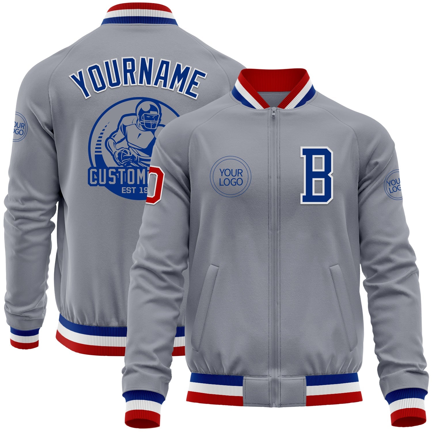 Custom Gray Red-Royal Bomber Varsity Letterman Zipper Jacket - Main View