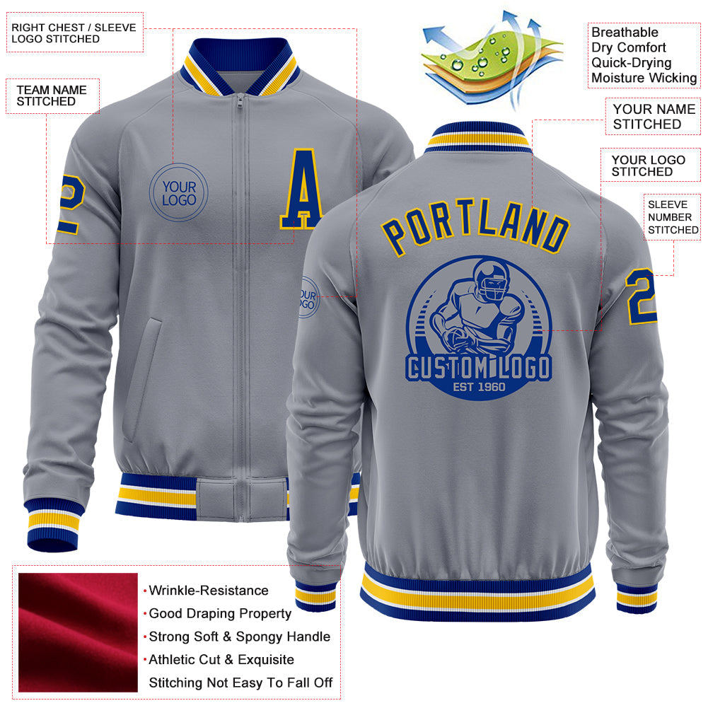Custom Gray Royal-Yellow Bomber Varsity Letterman Zipper Jacket view 4