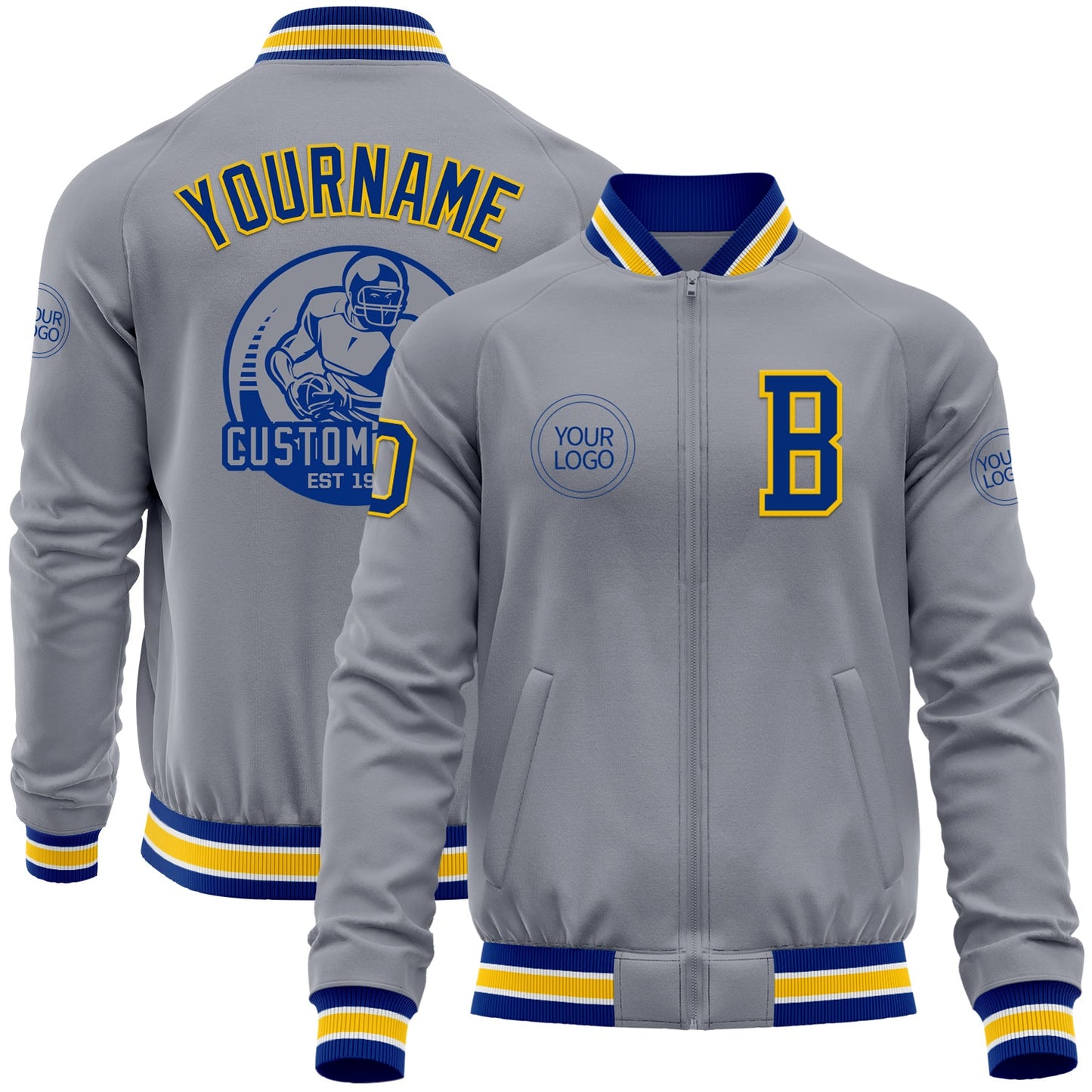 Custom Gray Royal-Yellow Bomber Varsity Letterman Zipper Jacket - Main View