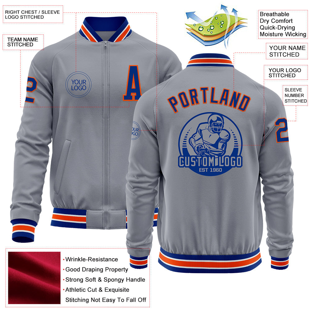 Custom Gray Royal-Orange Bomber Varsity Letterman Zipper Jacket view 4
