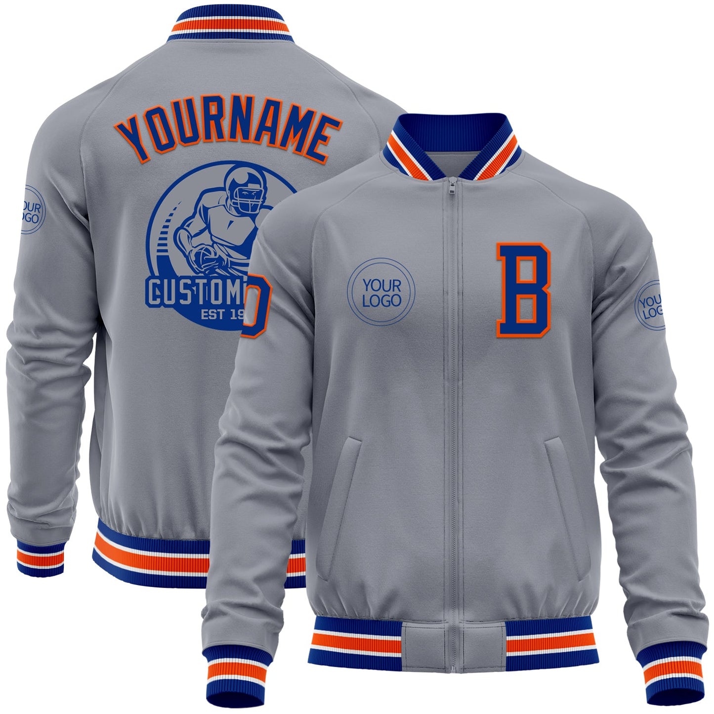 Custom Gray Royal-Orange Bomber Varsity Letterman Zipper Jacket - Main View