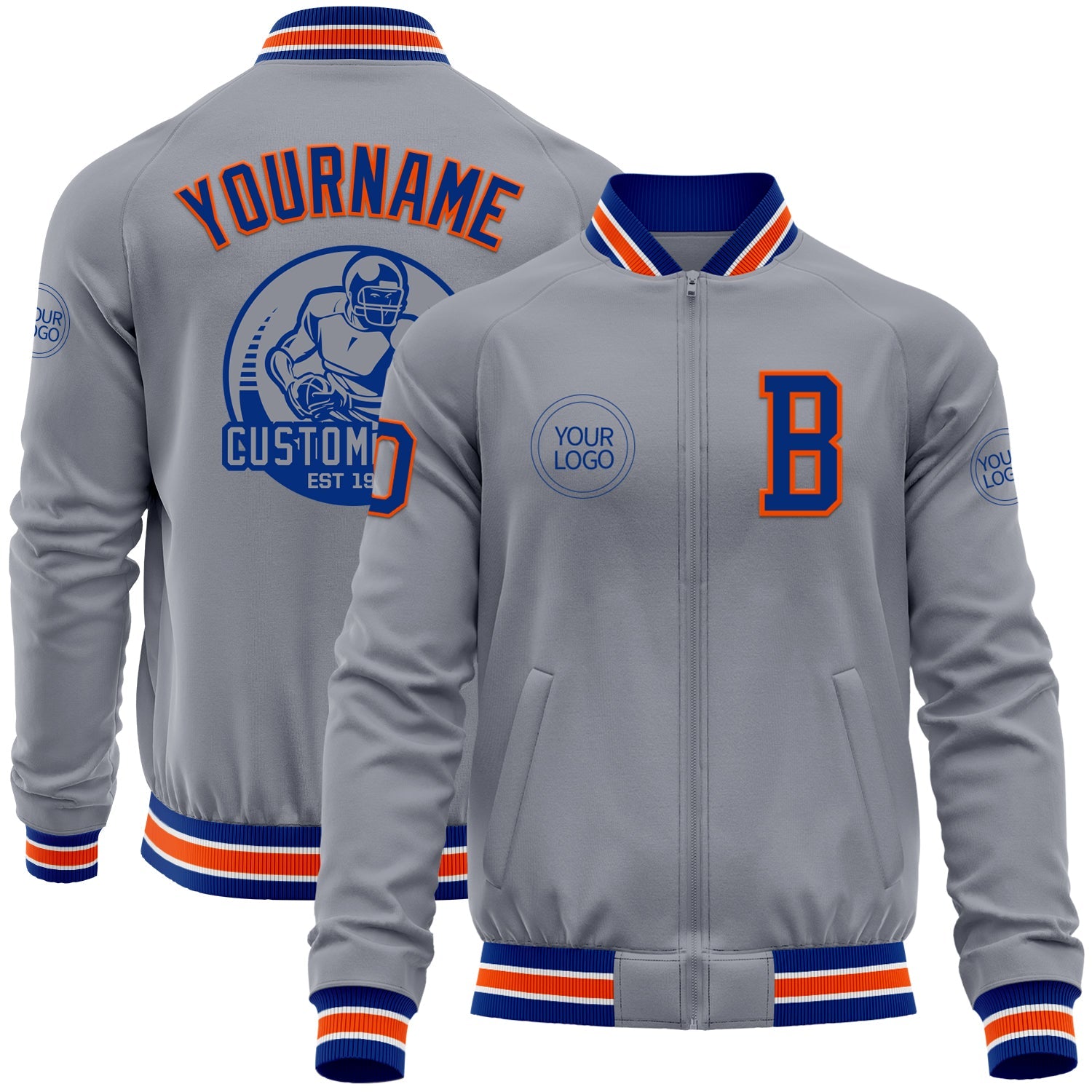 Custom Gray Royal-Orange Bomber Varsity Letterman Zipper Jacket - Main View