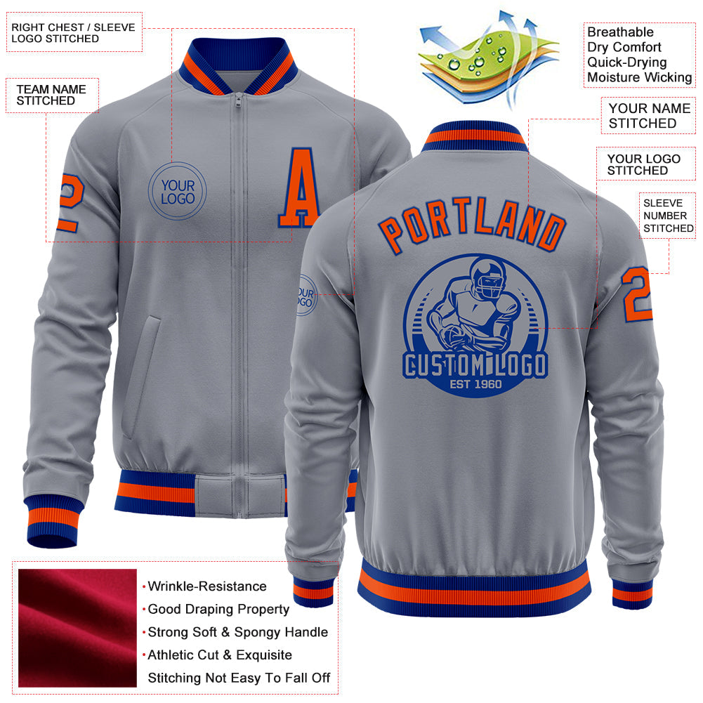 Custom Gray Orange-Royal Bomber Varsity Letterman Zipper Jacket view 4