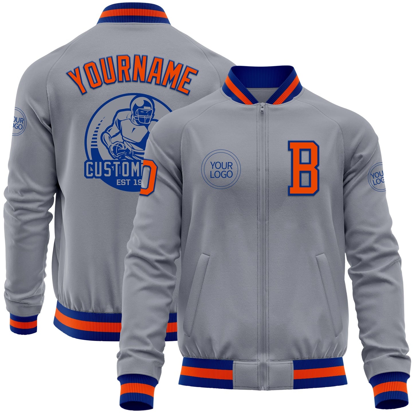 Custom Gray Orange-Royal Bomber Varsity Letterman Zipper Jacket - Main View