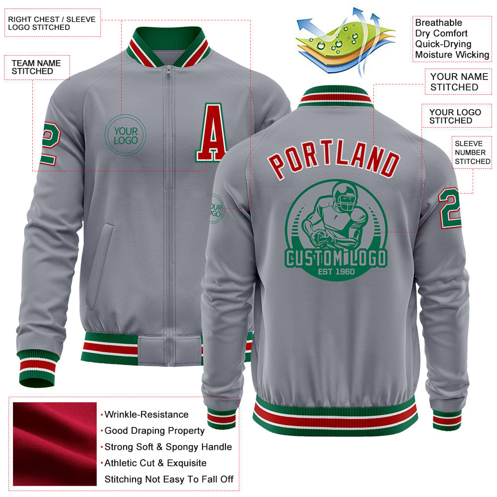 Custom Gray Kelly Green-Red Bomber Varsity Letterman Zipper Jacket view 4