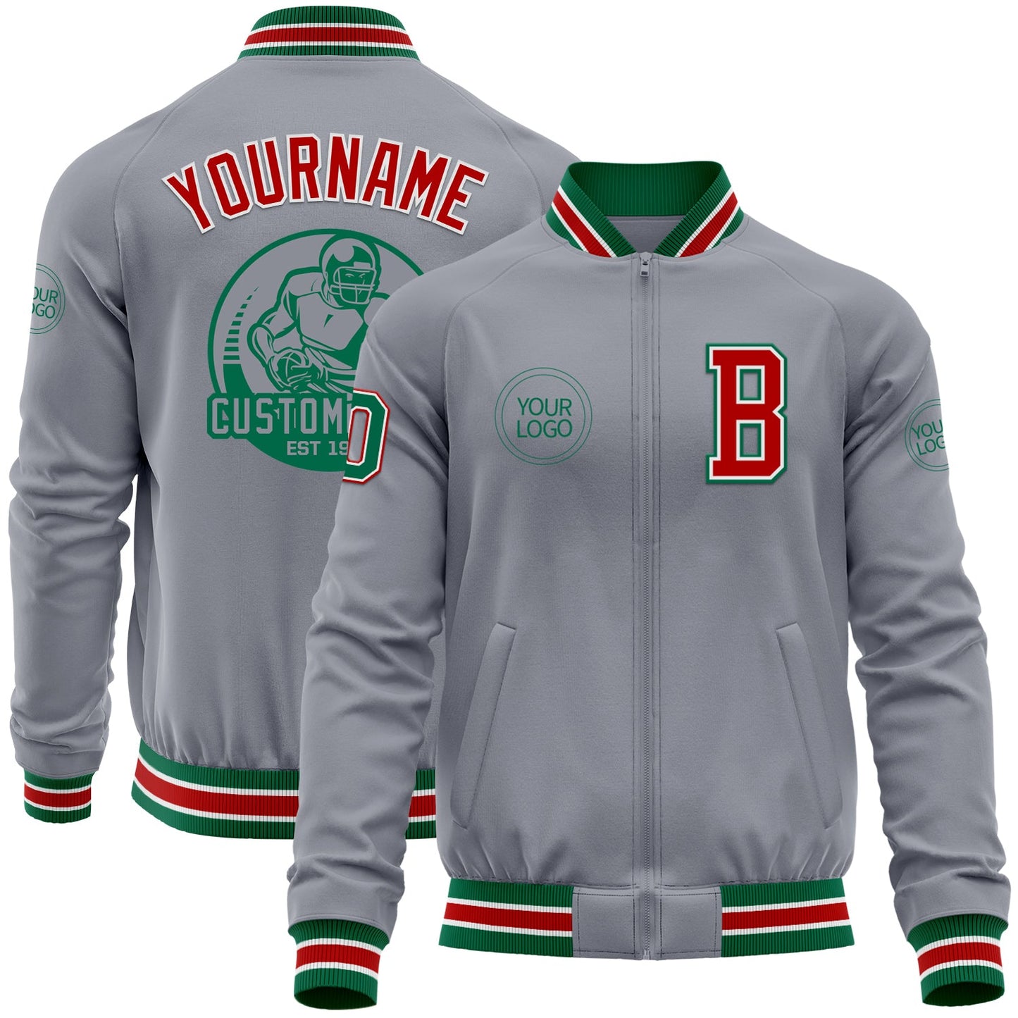 Custom Gray Kelly Green-Red Bomber Varsity Letterman Zipper Jacket - Main View