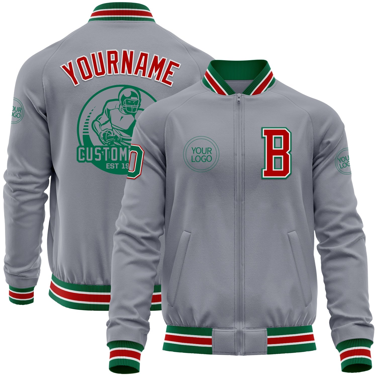 Custom Gray Kelly Green-Red Bomber Varsity Letterman Zipper Jacket - Main View