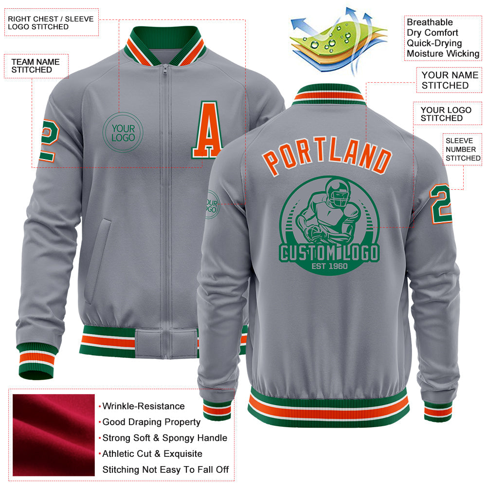 Custom Gray Kelly Green-Orange Bomber Varsity Letterman Zipper Jacket view 4