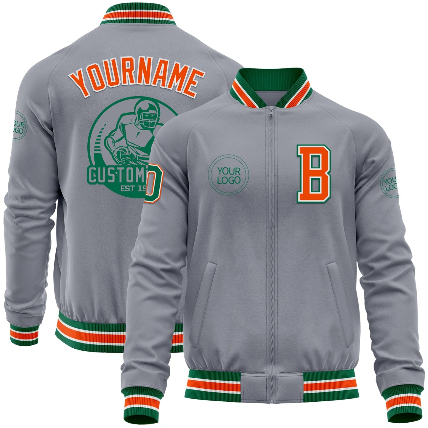 Custom Gray Kelly Green-Orange Bomber Varsity Letterman Zipper Jacket - Main View