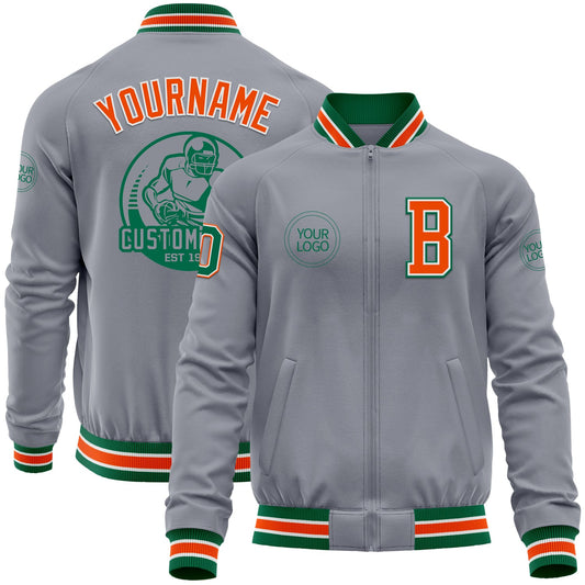 Custom Gray Kelly Green-Orange Bomber Varsity Letterman Zipper Jacket - Main View