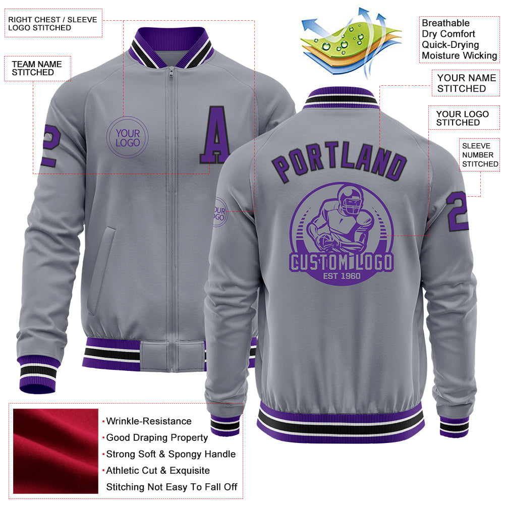 Custom Gray Purple-Black Bomber Varsity Letterman Zipper Jacket view 4