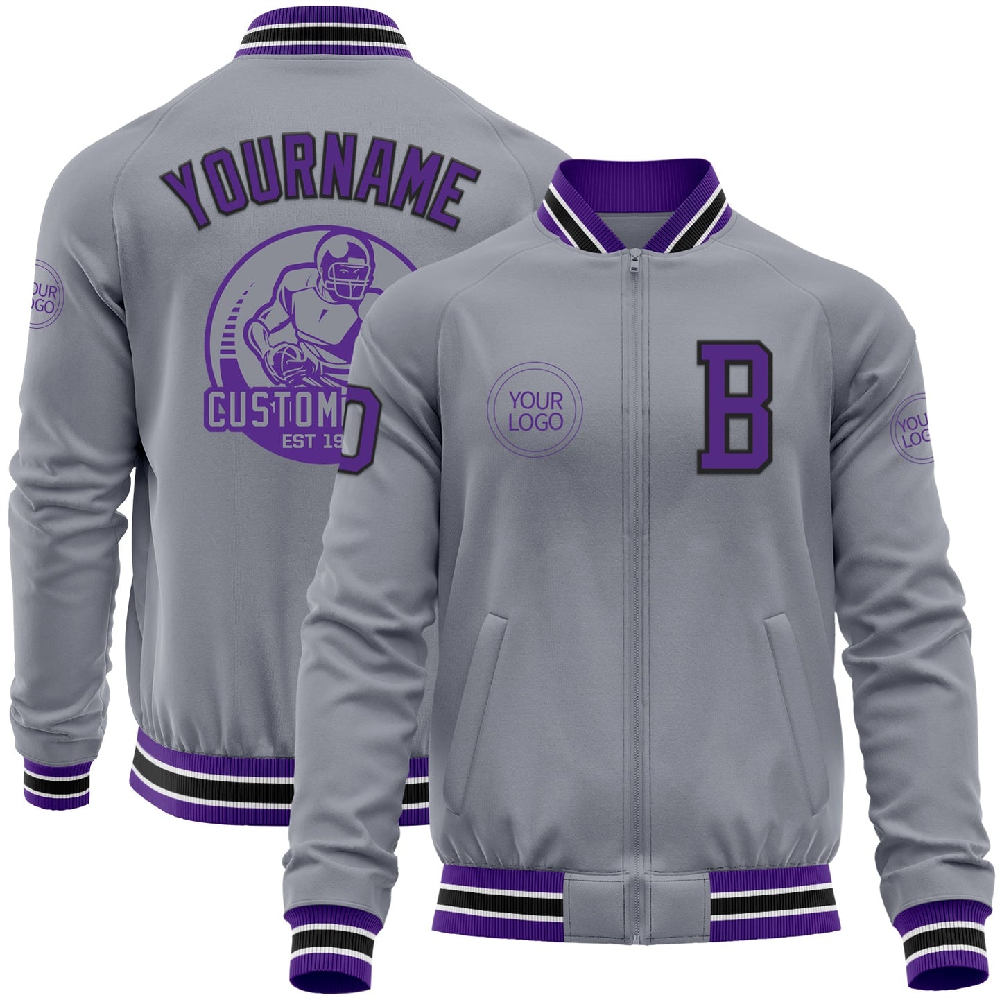 Custom Gray Purple-Black Bomber Varsity Letterman Zipper Jacket - Main View