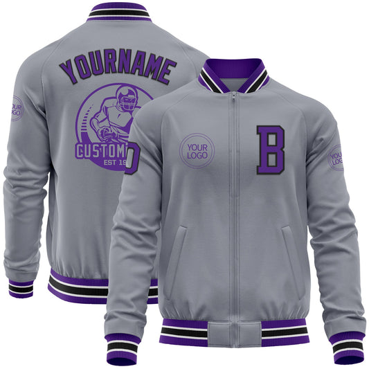 Custom Gray Purple-Black Bomber Varsity Letterman Zipper Jacket - Main View