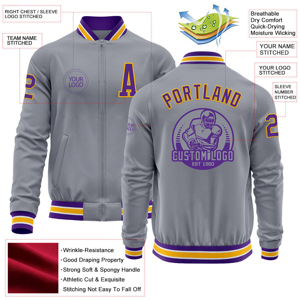 Custom Gray Purple-Gold Bomber Varsity Letterman Zipper Jacket view 4