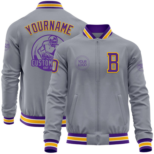 Custom Gray Purple-Gold Bomber Varsity Letterman Zipper Jacket - Main View