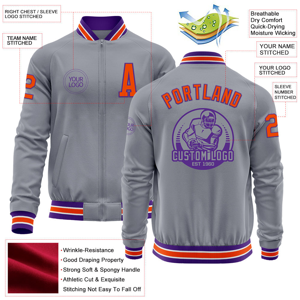 Custom Gray Orange-Purple Bomber Varsity Letterman Zipper Jacket view 4