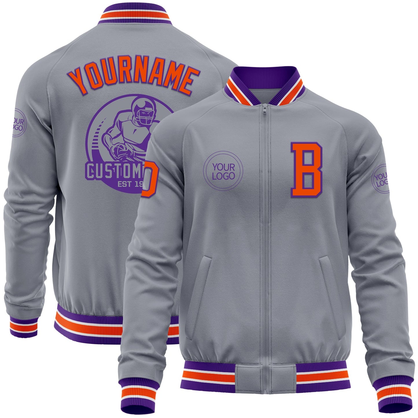 Custom Gray Orange-Purple Bomber Varsity Letterman Zipper Jacket - Main View