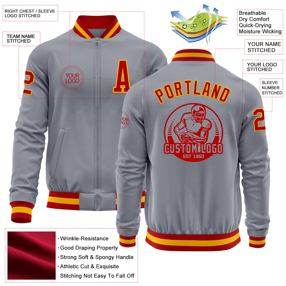 Custom Gray Red-Gold Bomber Varsity Letterman Zipper Jacket view 4