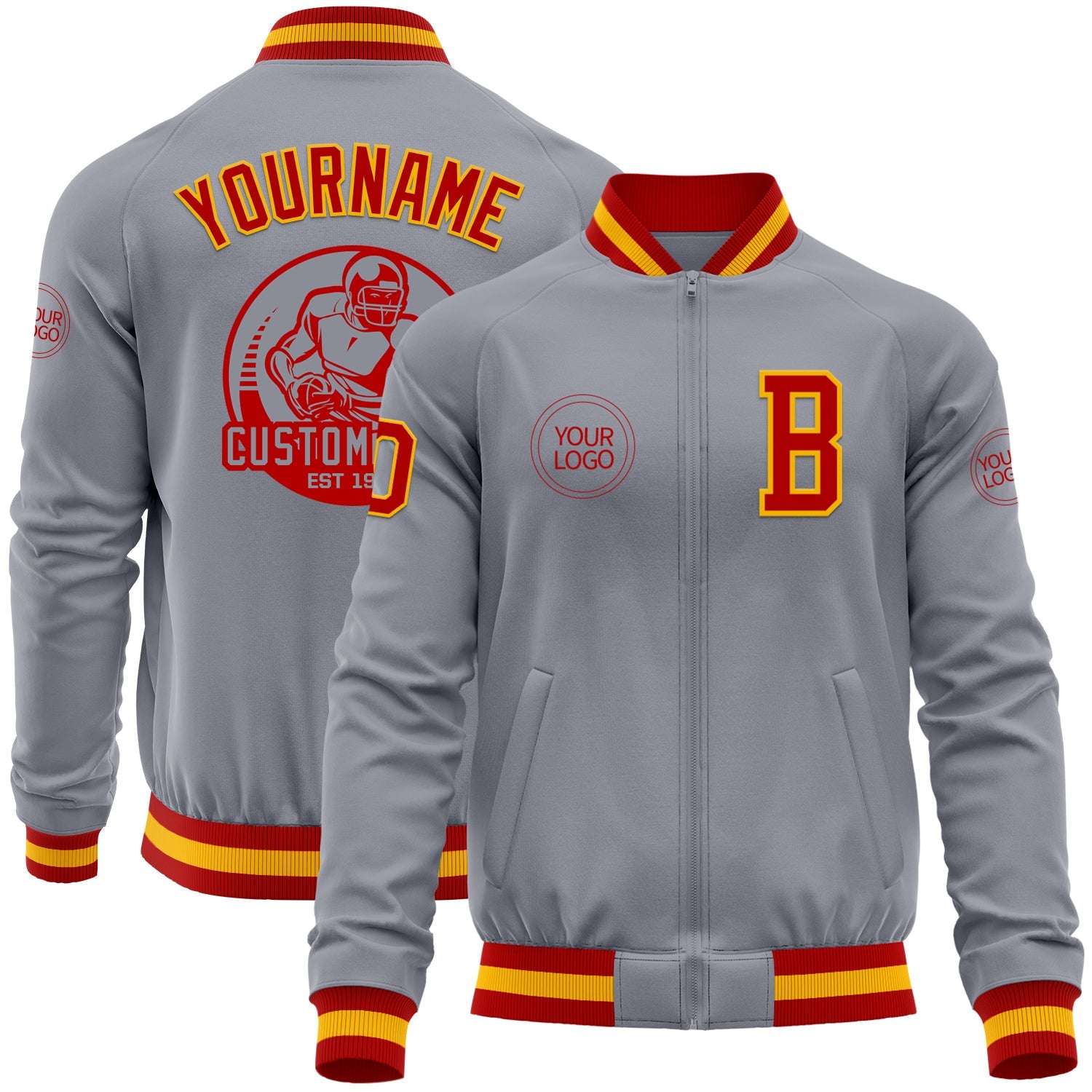 Custom Gray Red-Gold Bomber Varsity Letterman Zipper Jacket - Main View