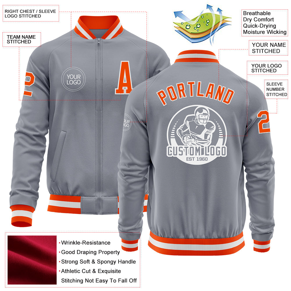 Custom Gray Orange-White Bomber Varsity Letterman Zipper Jacket view 4