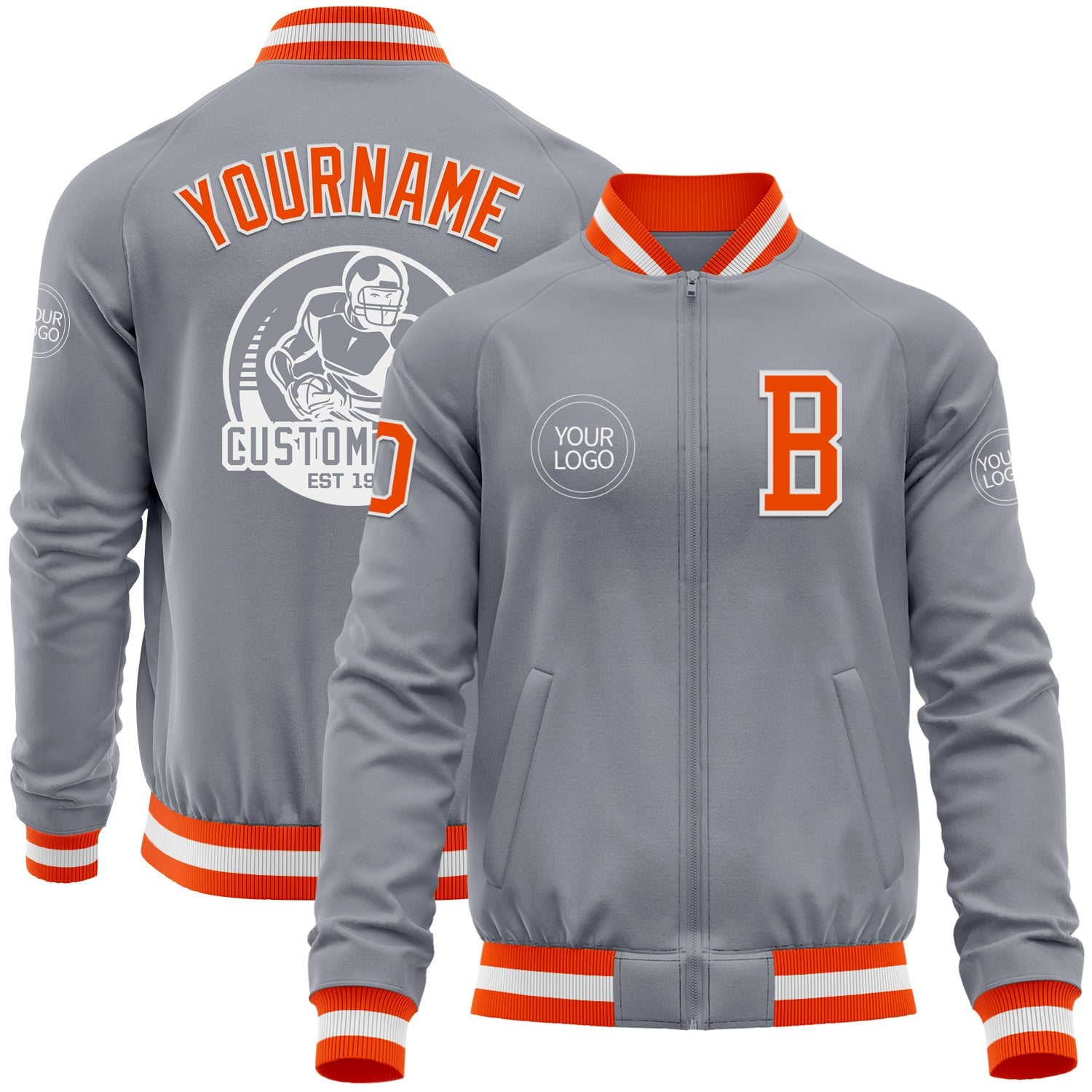 Custom Gray Orange-White Bomber Varsity Letterman Zipper Jacket - Main View