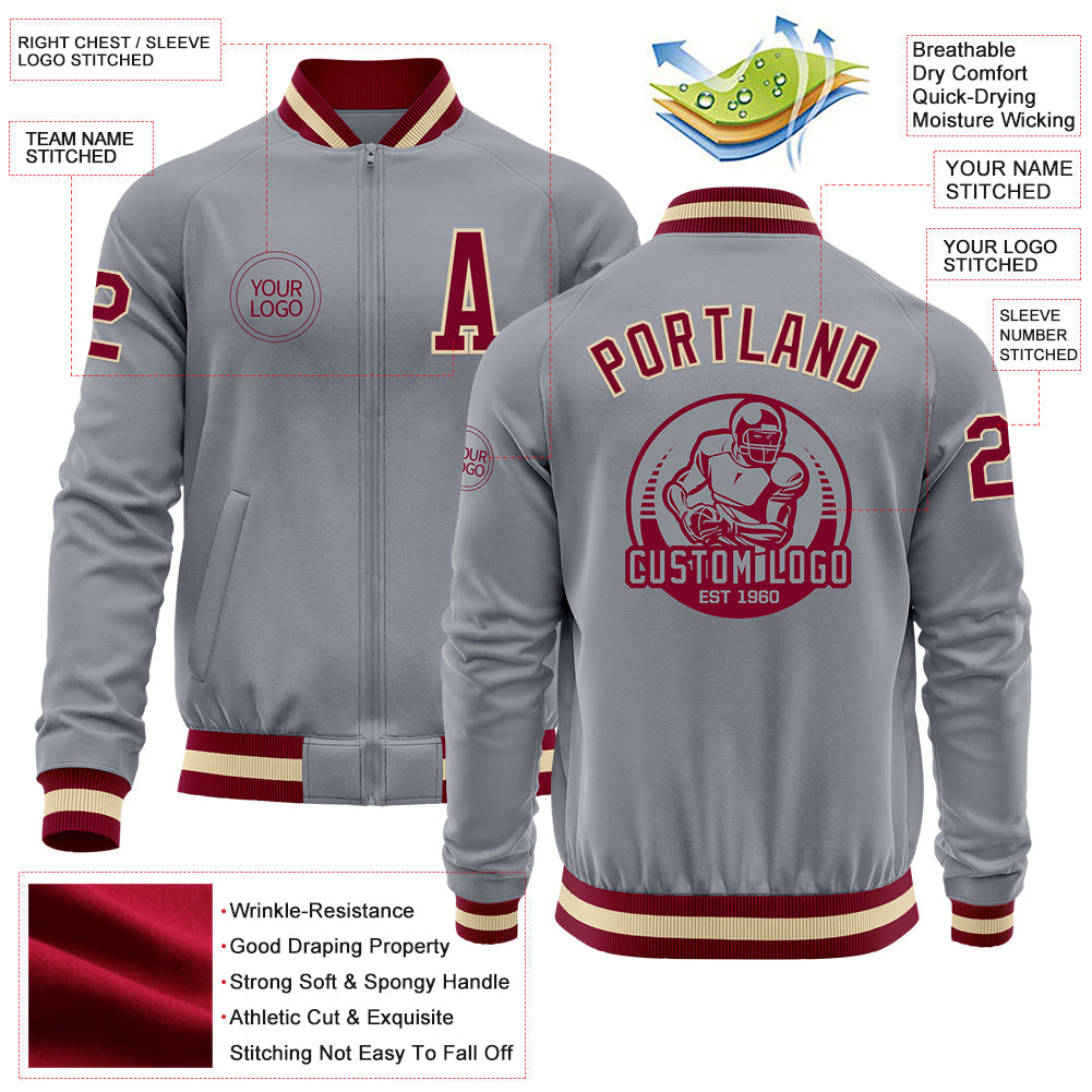 Custom Gray Maroon-Cream Bomber Varsity Letterman Zipper Jacket view 4
