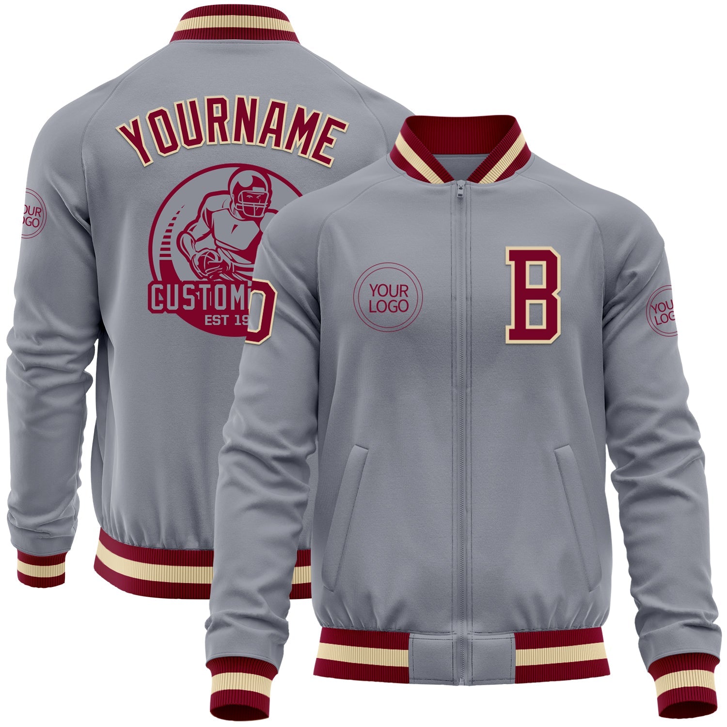 Custom Gray Maroon-Cream Bomber Varsity Letterman Zipper Jacket - Main View