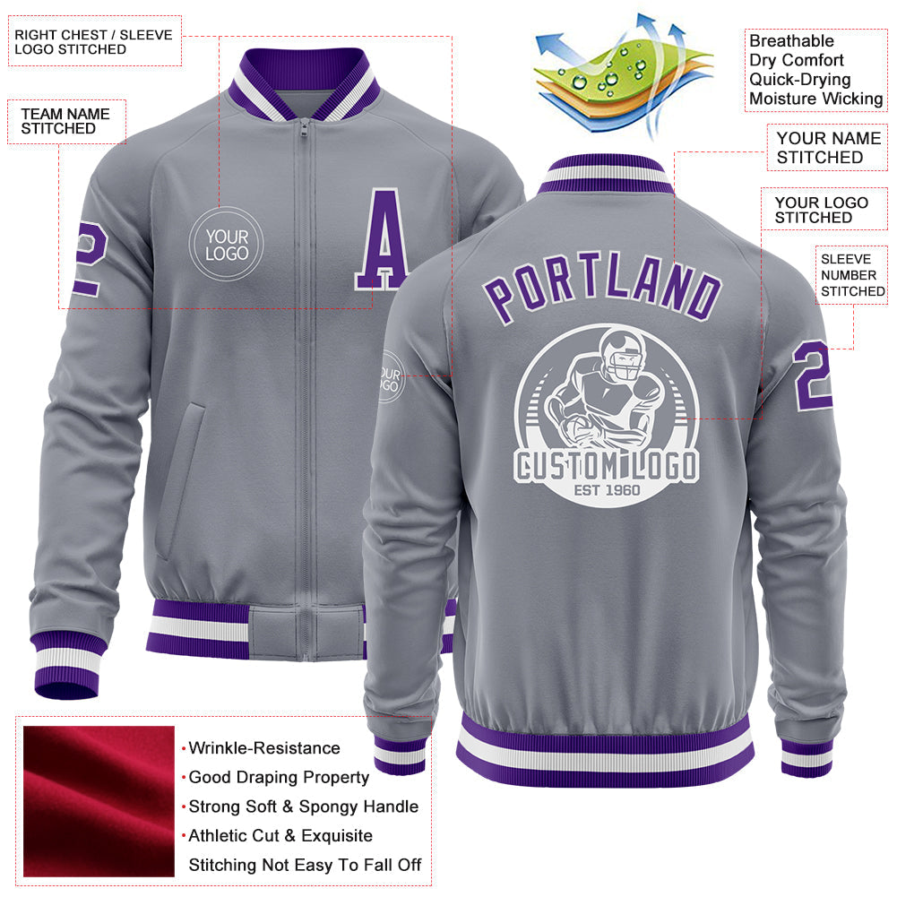 Custom Gray Purple-White Bomber Varsity Letterman Zipper Jacket view 4