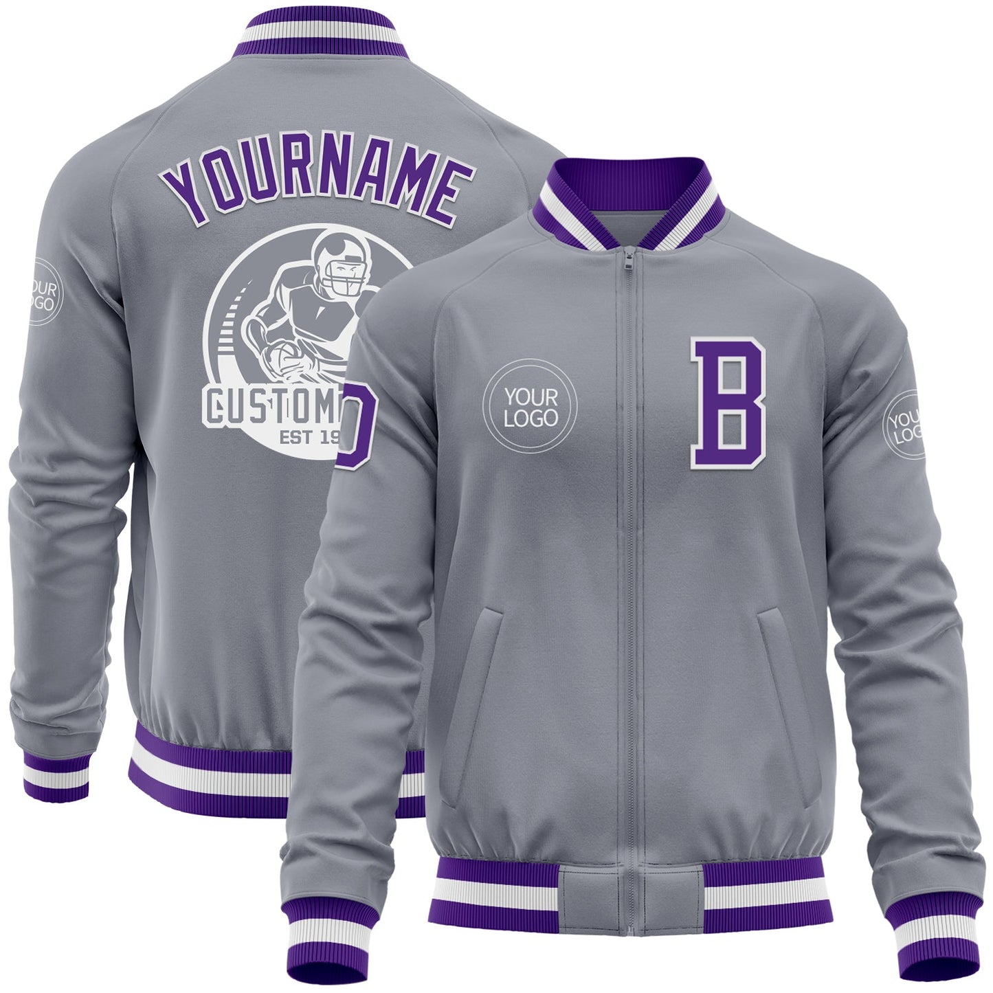 Custom Gray Purple-White Bomber Varsity Letterman Zipper Jacket - Main View
