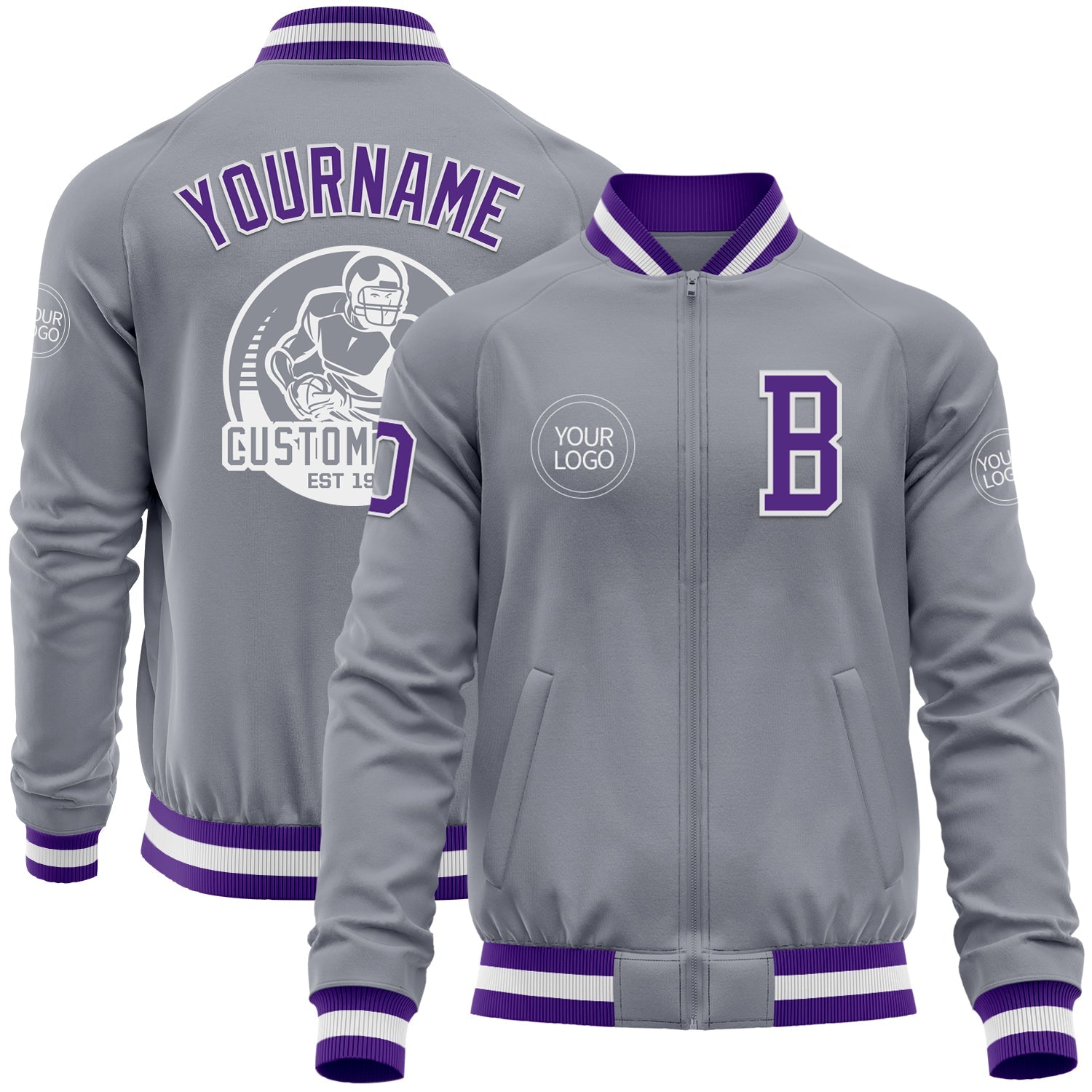 Custom Gray Purple-White Bomber Varsity Letterman Zipper Jacket - Main View