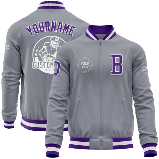 Custom Gray Purple-White Bomber Varsity Letterman Zipper Jacket - Main View