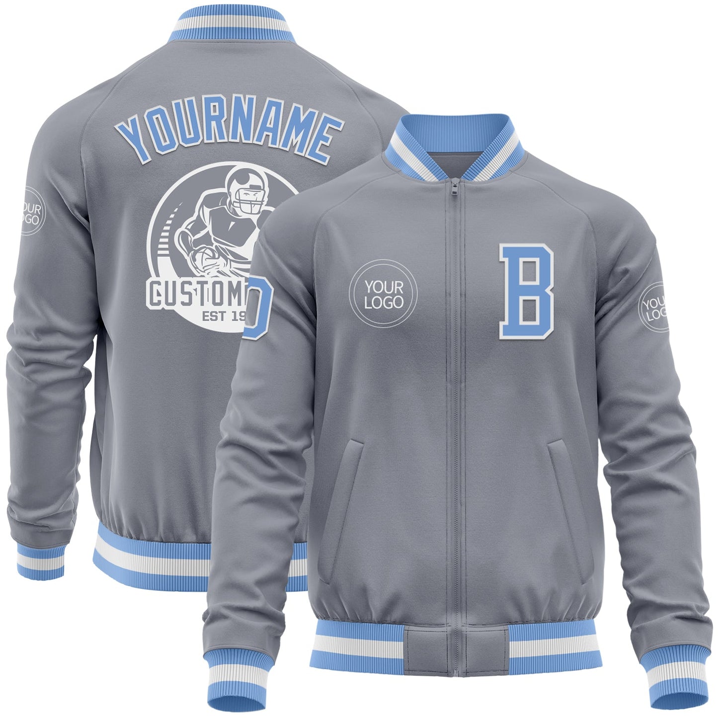 Custom Gray Light Blue-White Bomber Varsity Letterman Zipper Jacket - Main View