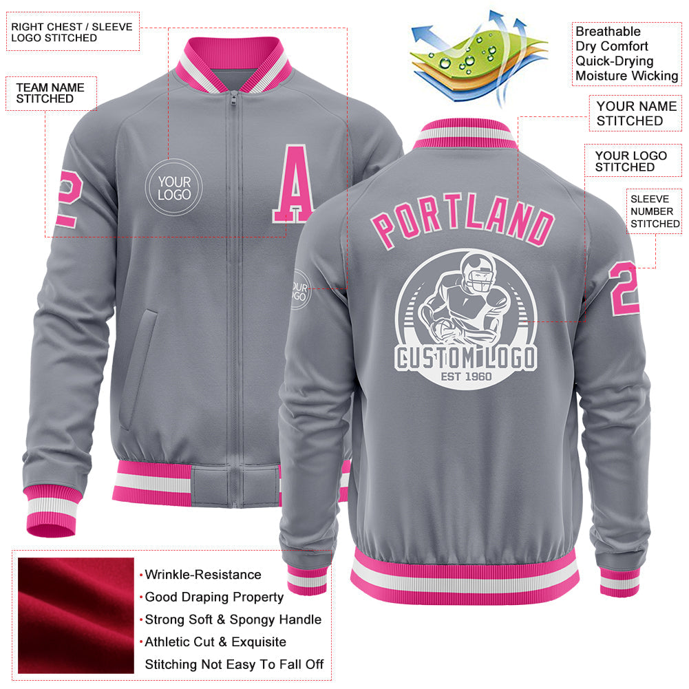Custom Gray Pink-White Bomber Varsity Letterman Zipper Jacket view 4
