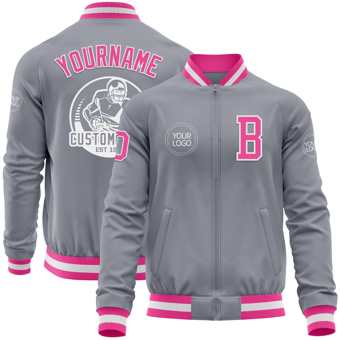 Custom Gray Pink-White Bomber Varsity Letterman Zipper Jacket - Main View