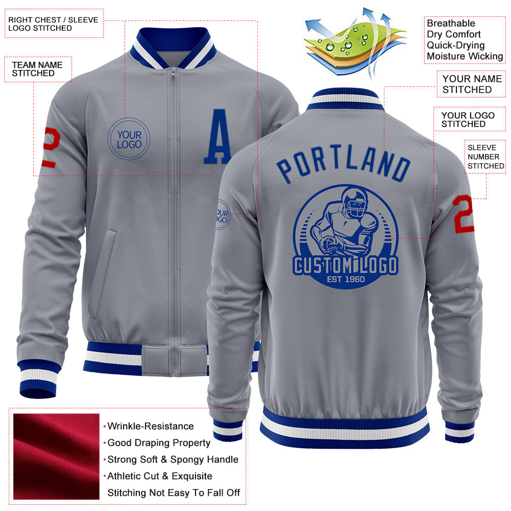 Custom Gray Red-Royal Bomber Varsity Letterman Zipper Jacket view 4
