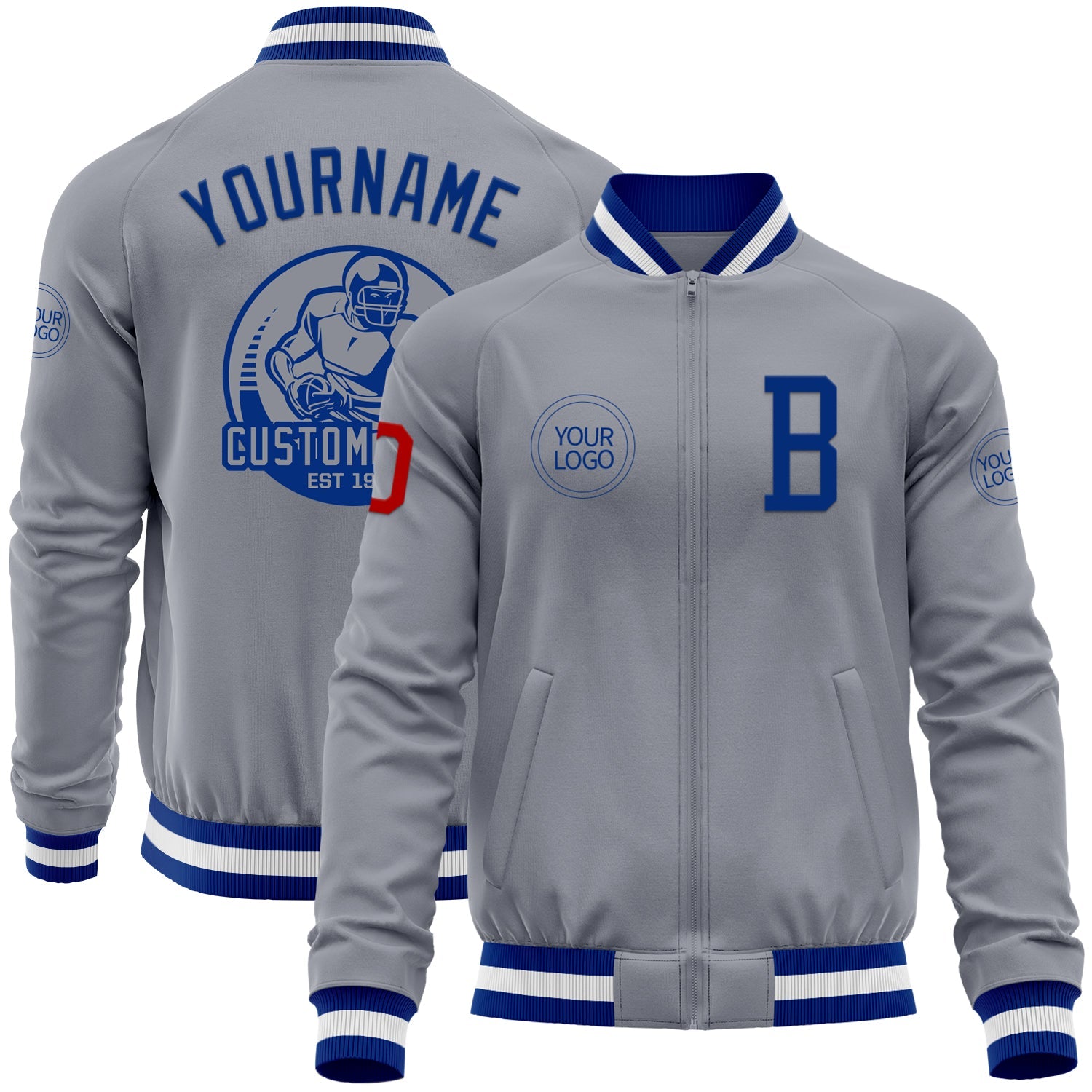 Custom Gray Red-Royal Bomber Varsity Letterman Zipper Jacket - Main View