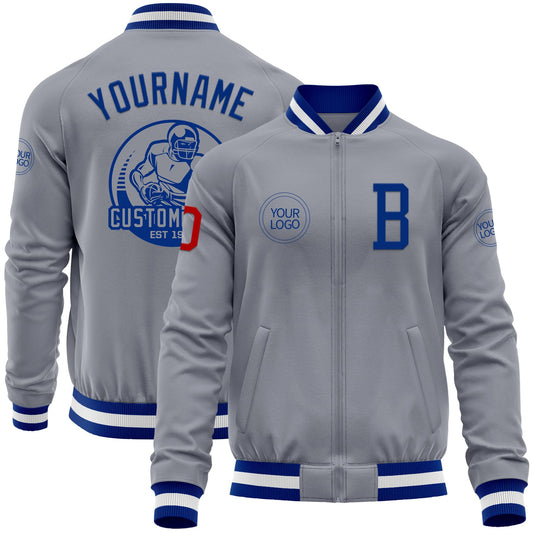 Custom Gray Red-Royal Bomber Varsity Letterman Zipper Jacket - Main View