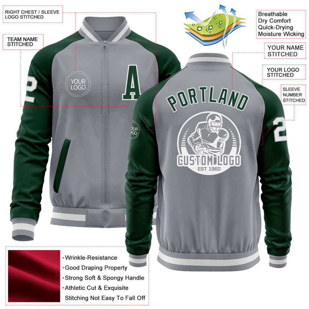 Custom Gray White-Green Bomber Varsity Letterman Two Tone Zipper Jacket view 4