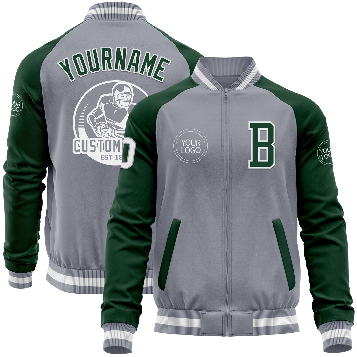 Custom Gray White-Green Bomber Varsity Letterman Two Tone Zipper Jacket - Main View