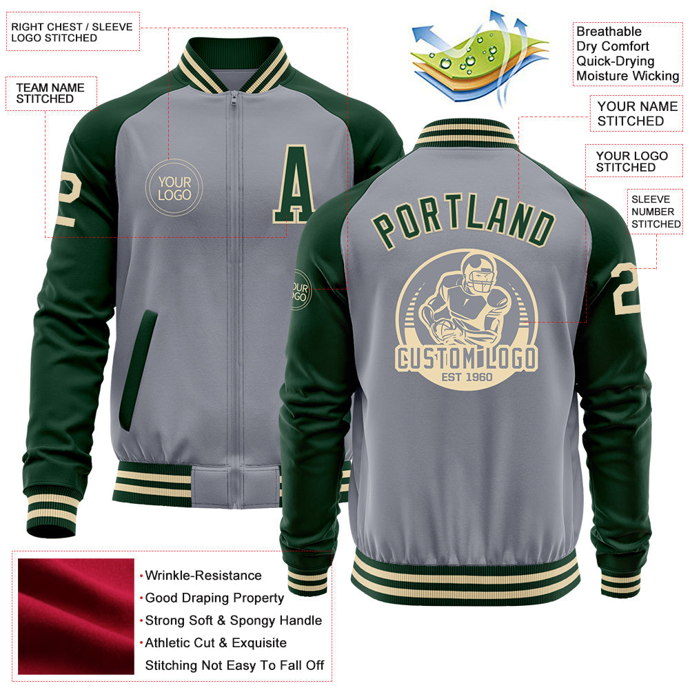 Custom Gray Cream-Green Bomber Varsity Letterman Two Tone Zipper Jacket view 4