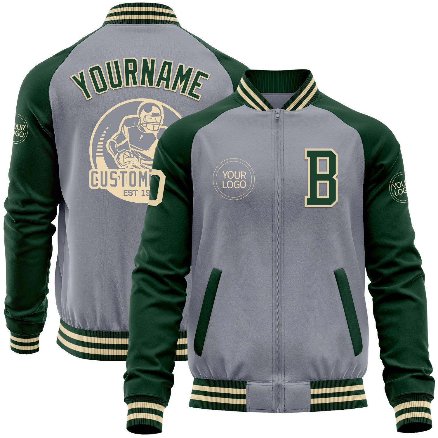 Custom Gray Cream-Green Bomber Varsity Letterman Two Tone Zipper Jacket - Main View