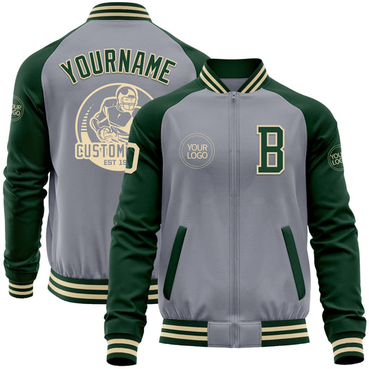 Custom Gray Cream-Green Bomber Varsity Letterman Two Tone Zipper Jacket - Main View