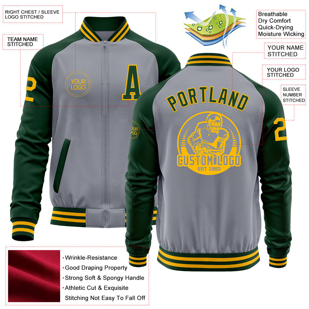 Custom Gray Gold-Green Bomber Varsity Letterman Two Tone Zipper Jacket view 4