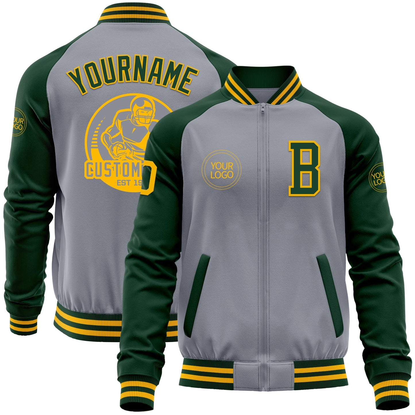 Custom Gray Gold-Green Bomber Varsity Letterman Two Tone Zipper Jacket - Main View