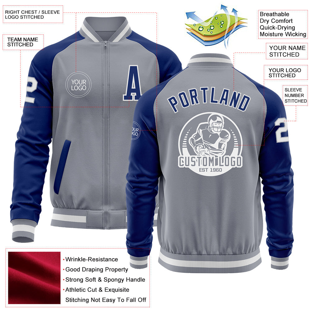 Custom Gray White-Royal Bomber Varsity Letterman Two Tone Zipper Jacket view 4