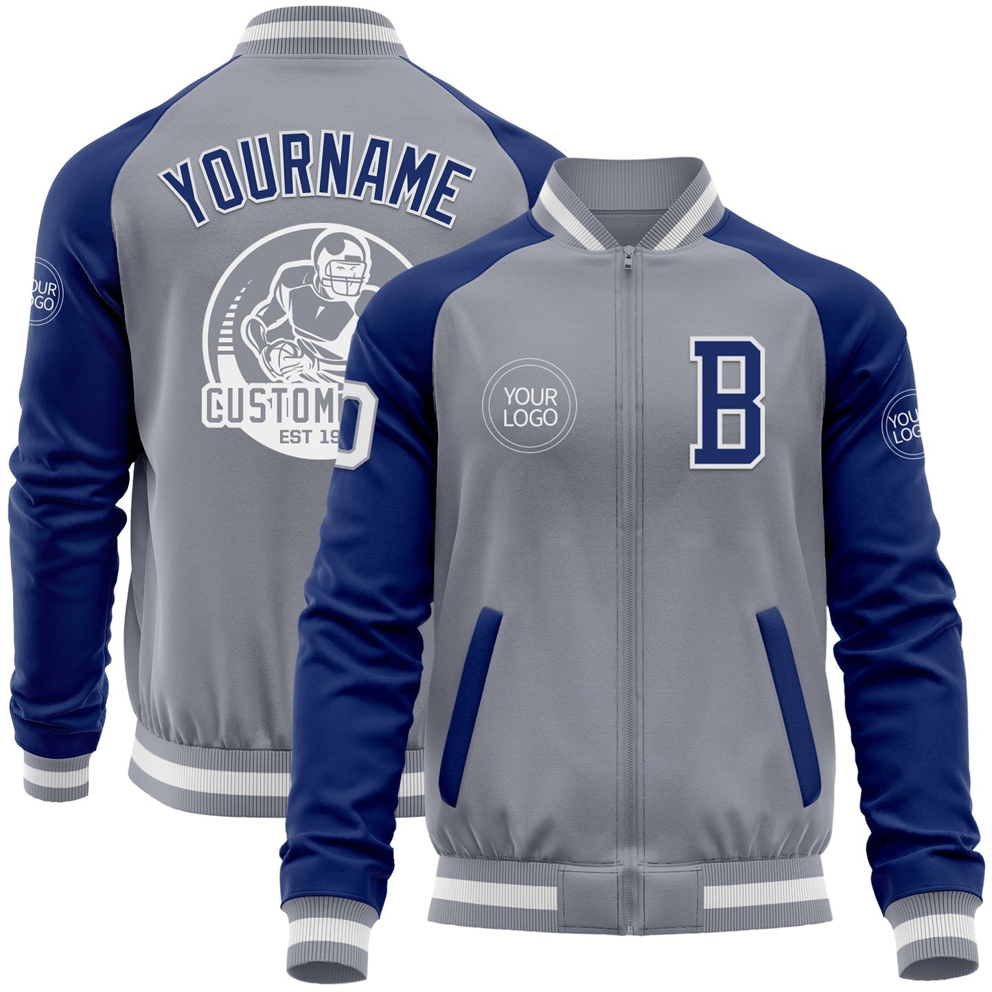 Custom Gray White-Royal Bomber Varsity Letterman Two Tone Zipper Jacket - Main View