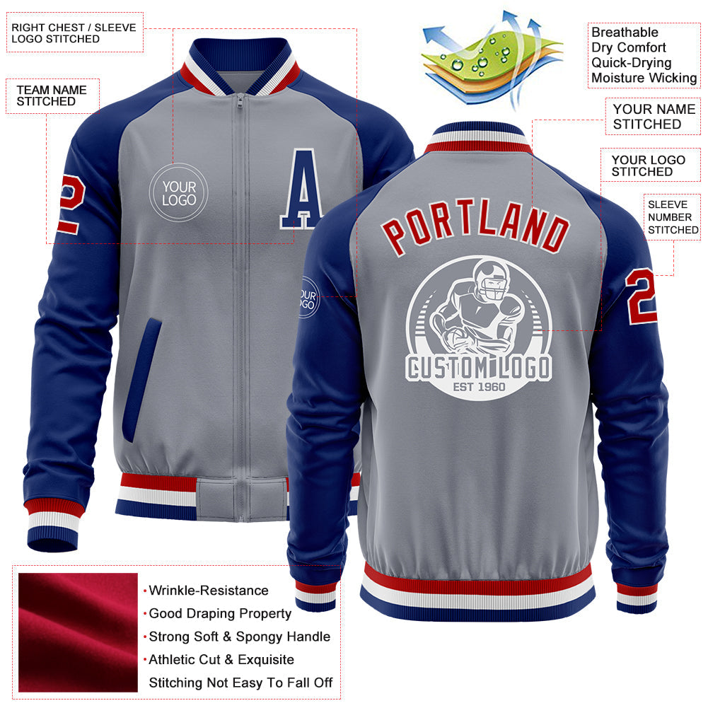 Custom Gray Red-Royal Bomber Varsity Letterman Two Tone Zipper Jacket view 4